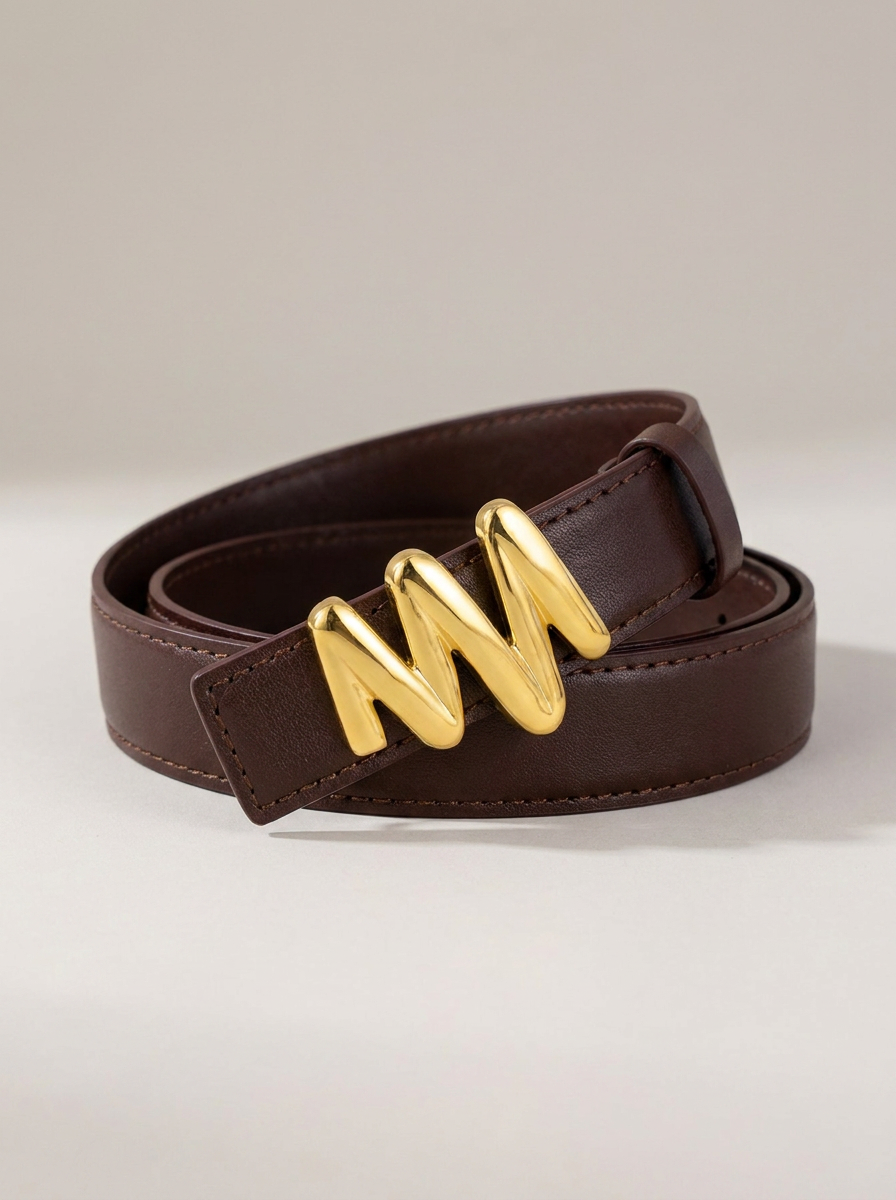 VelouraAvenue Gold Buckle Leather Belt - Coffee Brown - Image 3