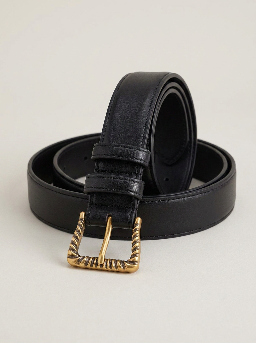VelouraAvenue Textured Gold Buckle Belt - Black - Image 1