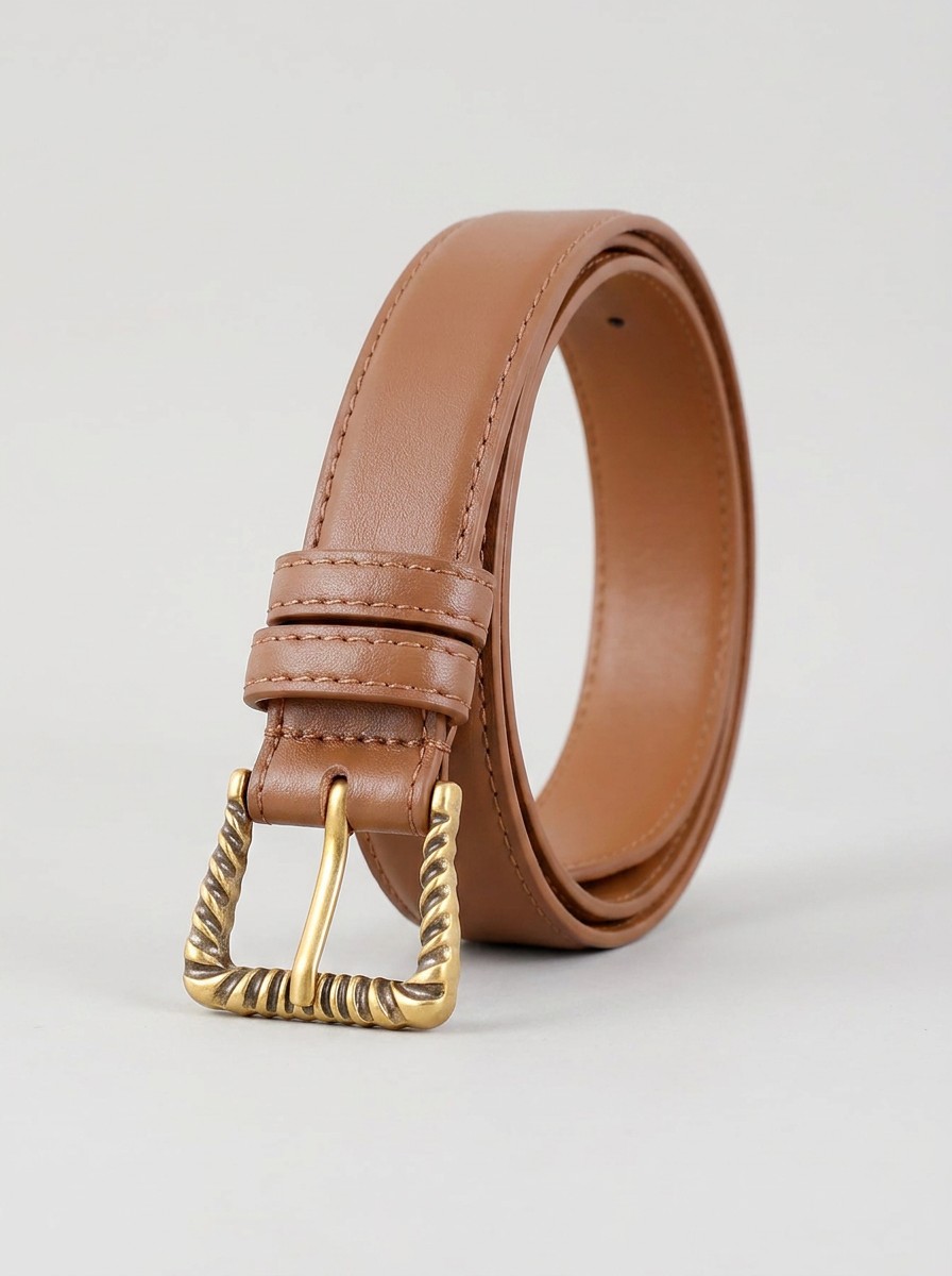 VelouraAvenue Textured Gold Buckle Belt - Brown - Image 2