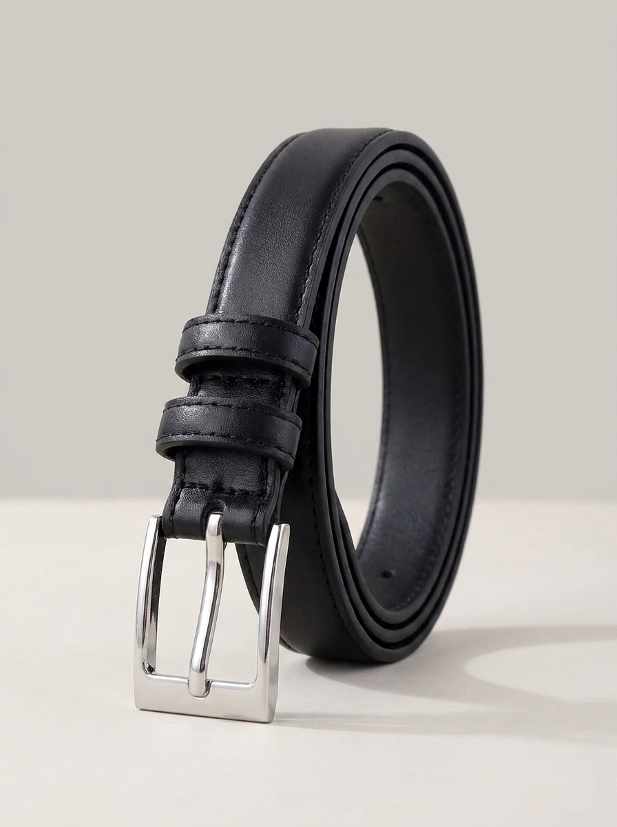 VelouraAvenue Skinny Silver Buckle Belt - Black - Image 1