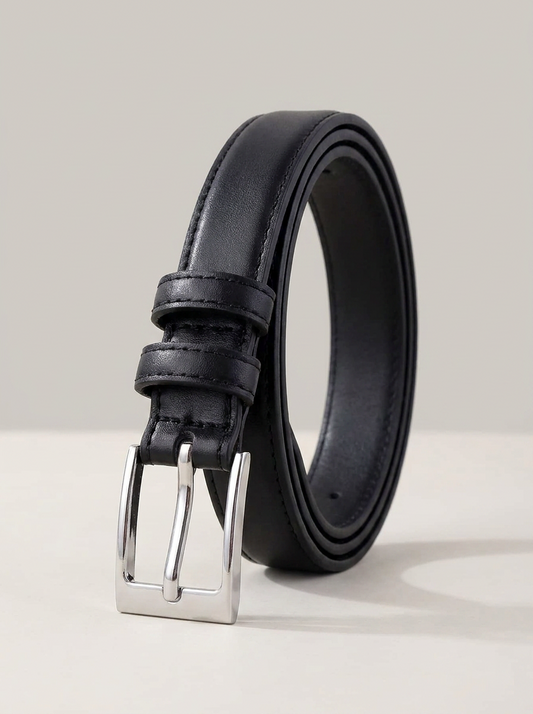 VelouraAvenue Skinny Silver Buckle Belt - Black - Image 1