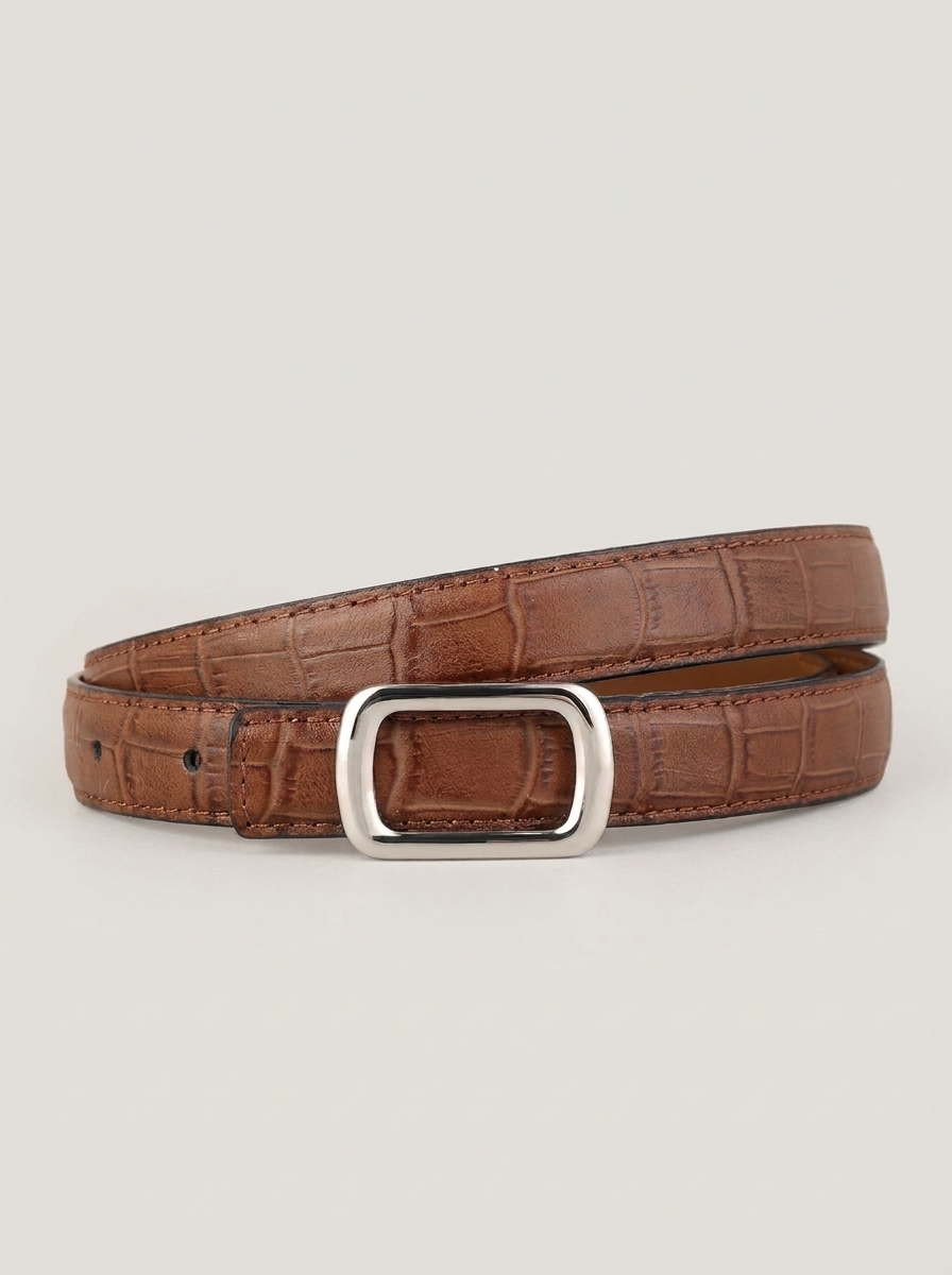 VelouraAvenue Croc Embossed Leather Belt - Brown - Image 2