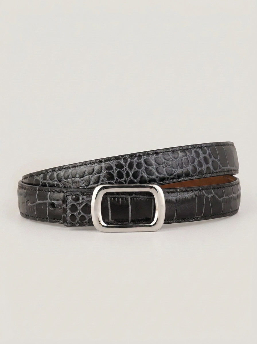 VelouraAvenue Croc Embossed Leather Belt - Black - Image 1