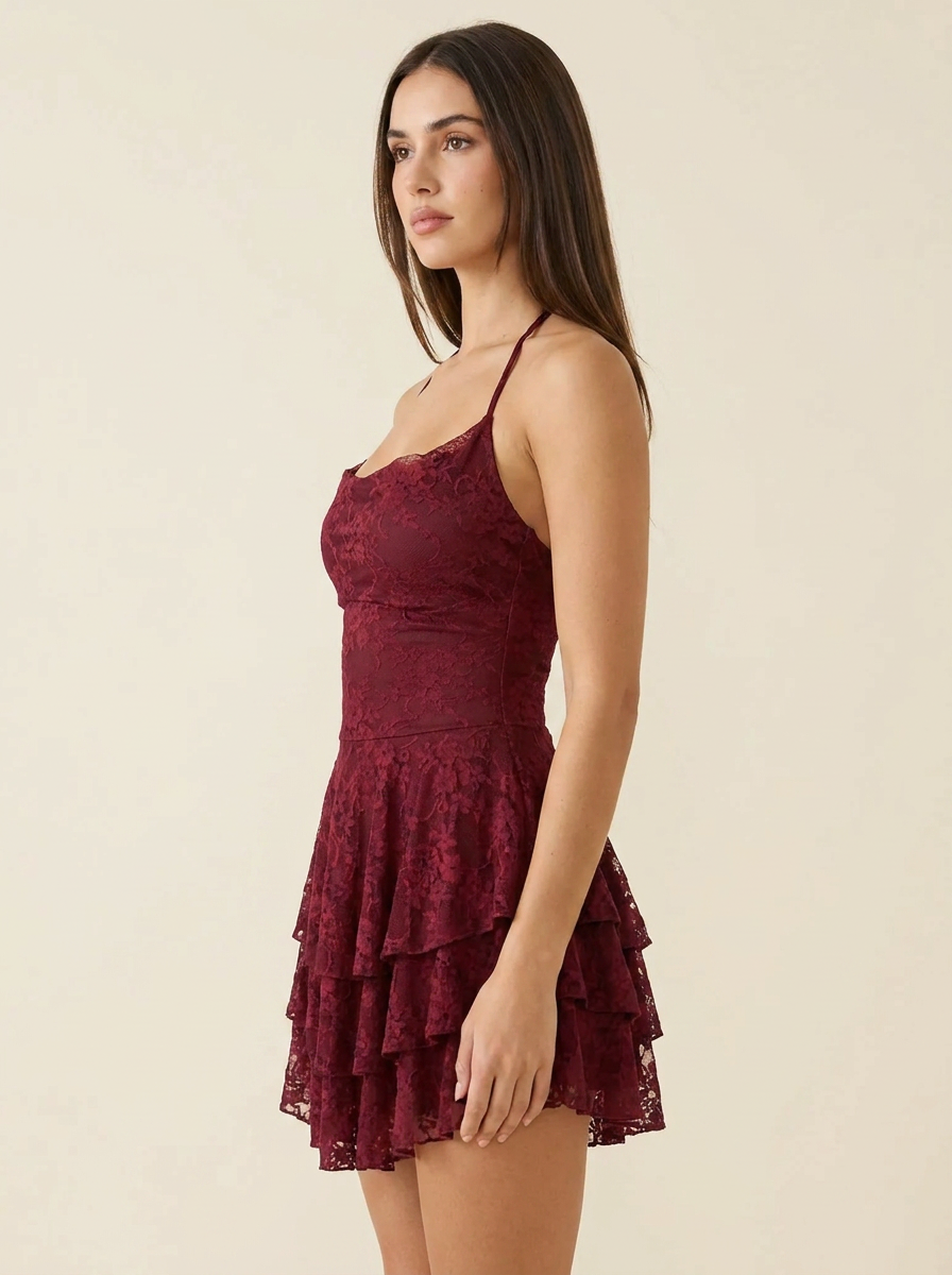 VelouraAvenue Lace Halter Mini Dress - Burgundy - Side