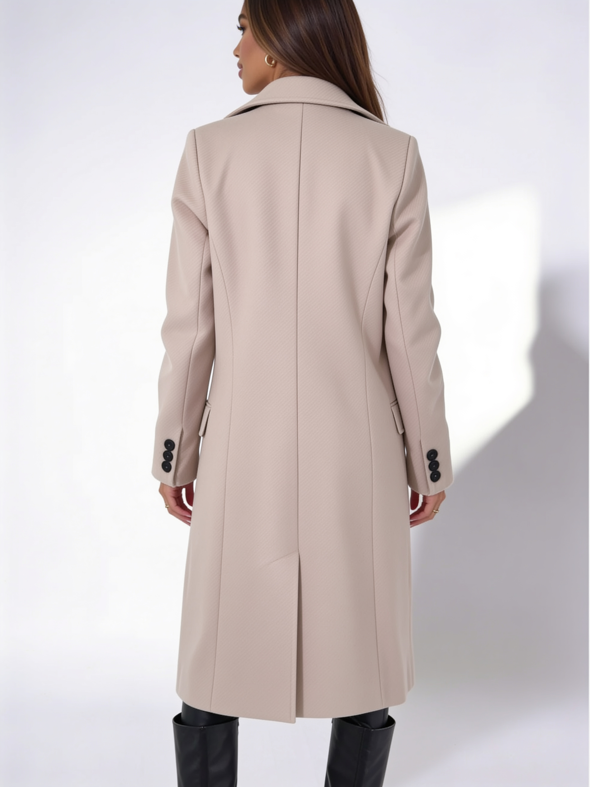 VelouraAvenue Lapel Collar Long Sleeve Coat - Khaki - Back
