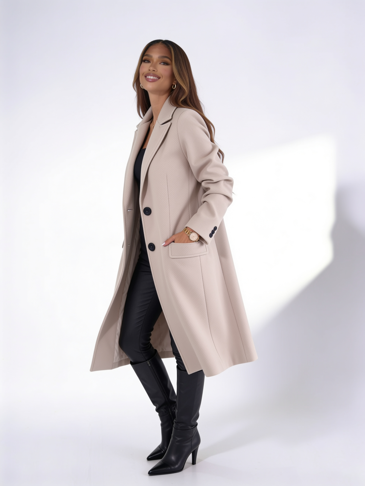 VelouraAvenue Lapel Collar Long Sleeve Coat - Khaki - Three Quarter