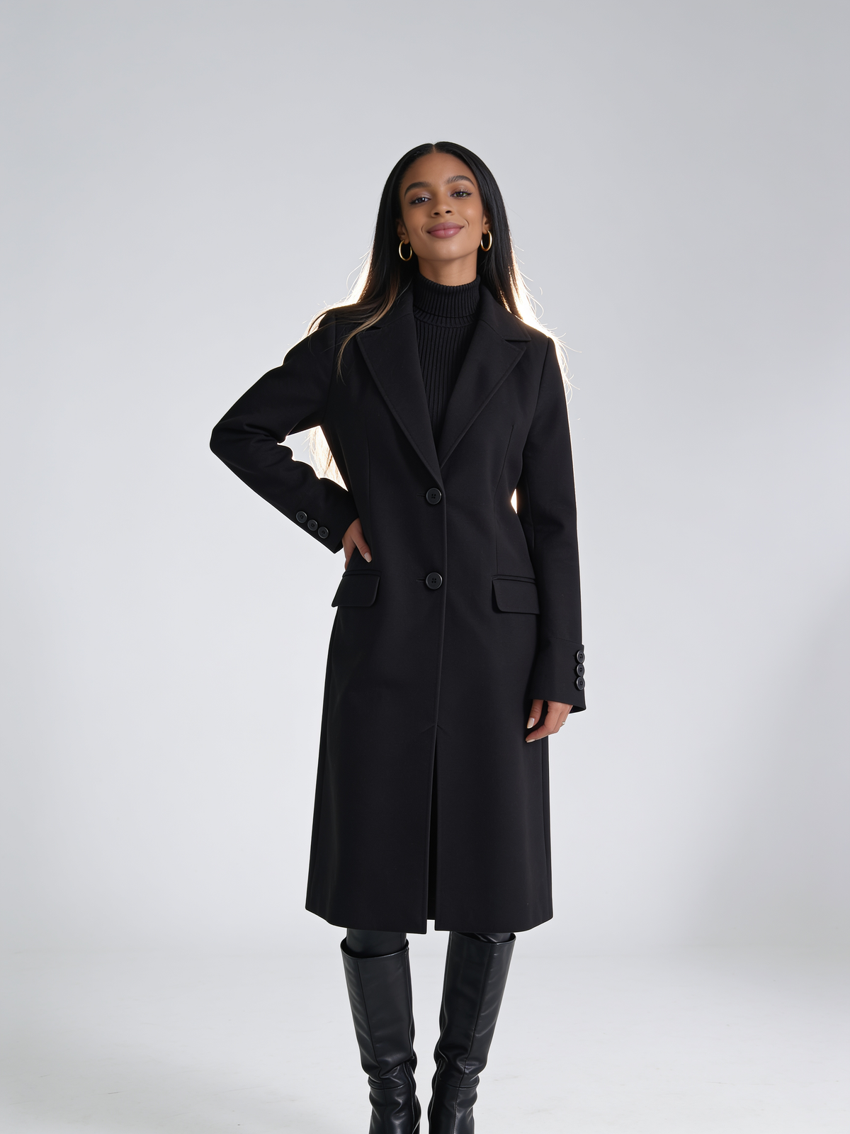 VelouraAvenue Lapel Collar Long Sleeve Coat - Black - Front