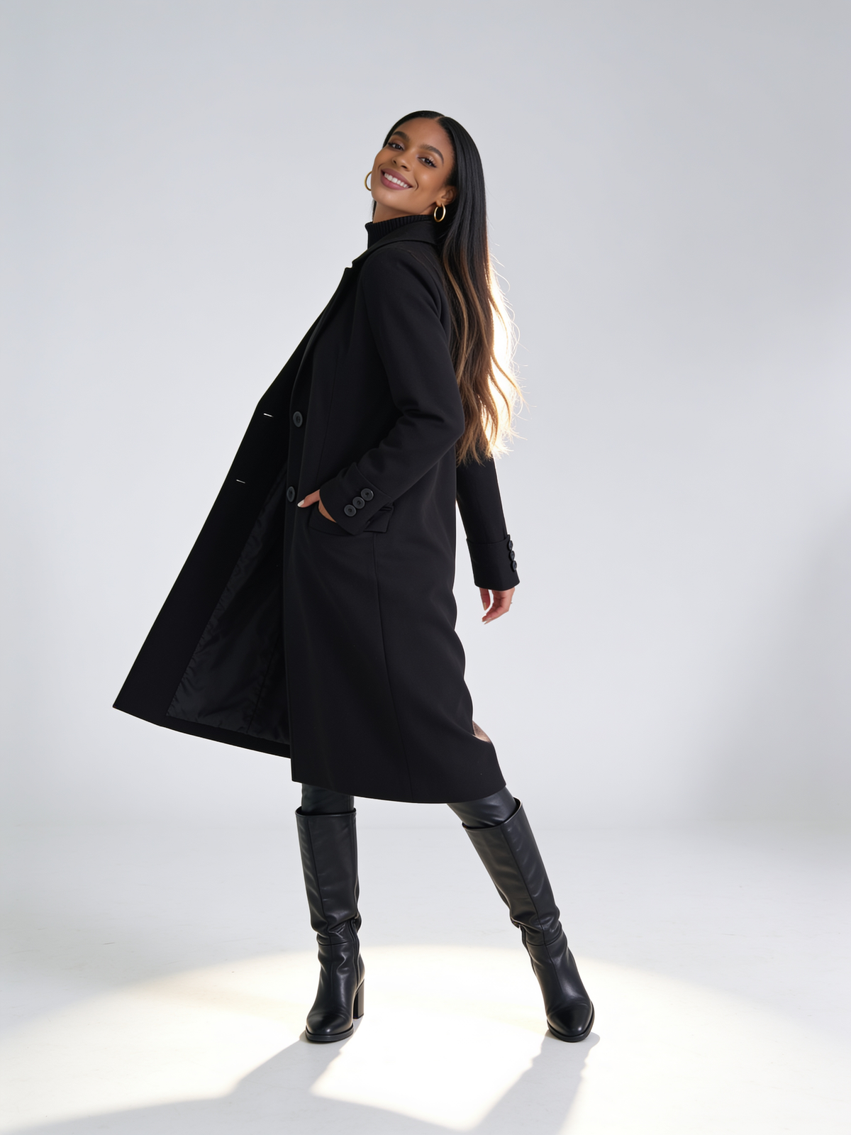 VelouraAvenue Lapel Collar Long Sleeve Coat - Black - Three Quarter