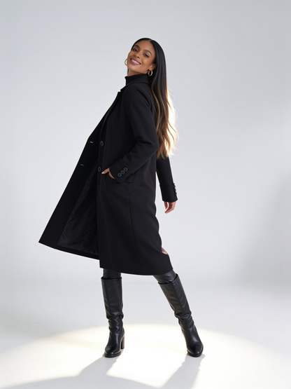 VelouraAvenue Lapel Collar Long Sleeve Coat - Black - Three Quarter