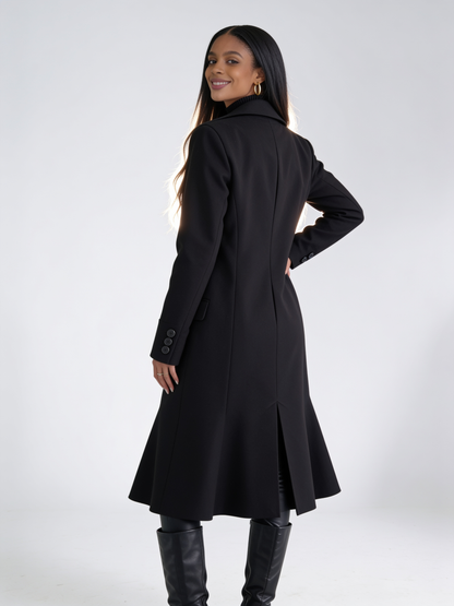 VelouraAvenue Lapel Collar Long Sleeve Coat - Black - Back
