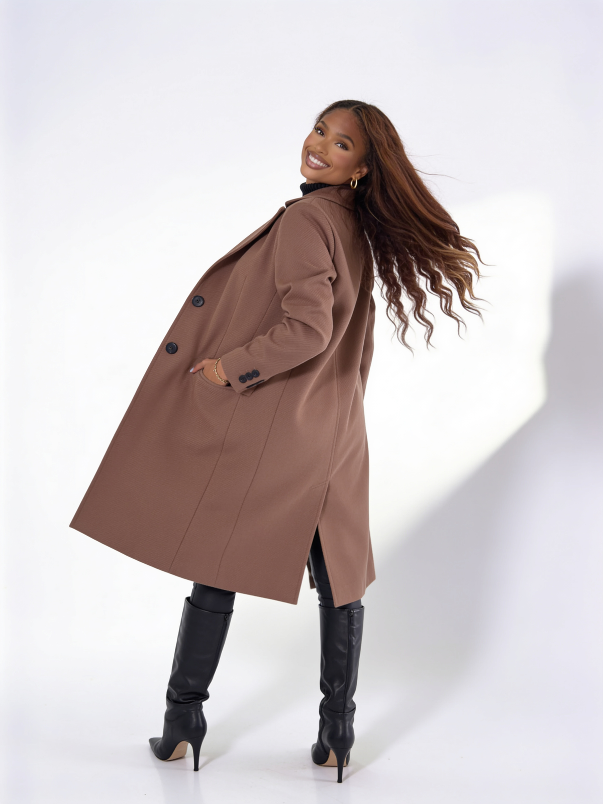 VelouraAvenue Lapel Collar Long Sleeve Coat - Brown - Three Quarter