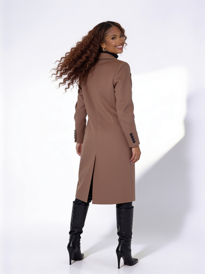 VelouraAvenue Lapel Collar Long Sleeve Coat - Brown - Back
