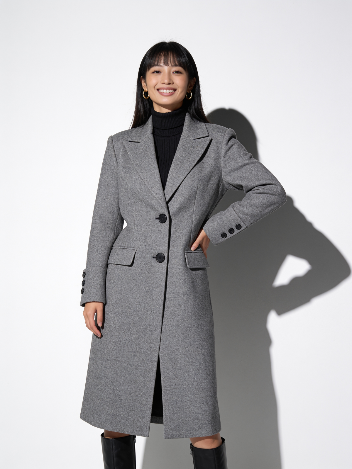 VelouraAvenue Lapel Collar Long Sleeve Coat - Gray - Front