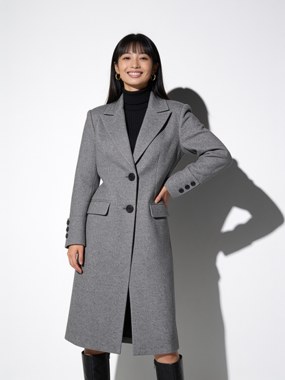 VelouraAvenue Lapel Collar Long Sleeve Coat - Gray - Front