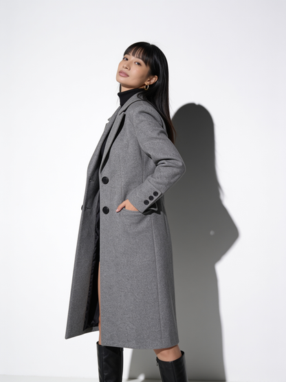 VelouraAvenue Lapel Collar Long Sleeve Coat - Gray - Three Quarter