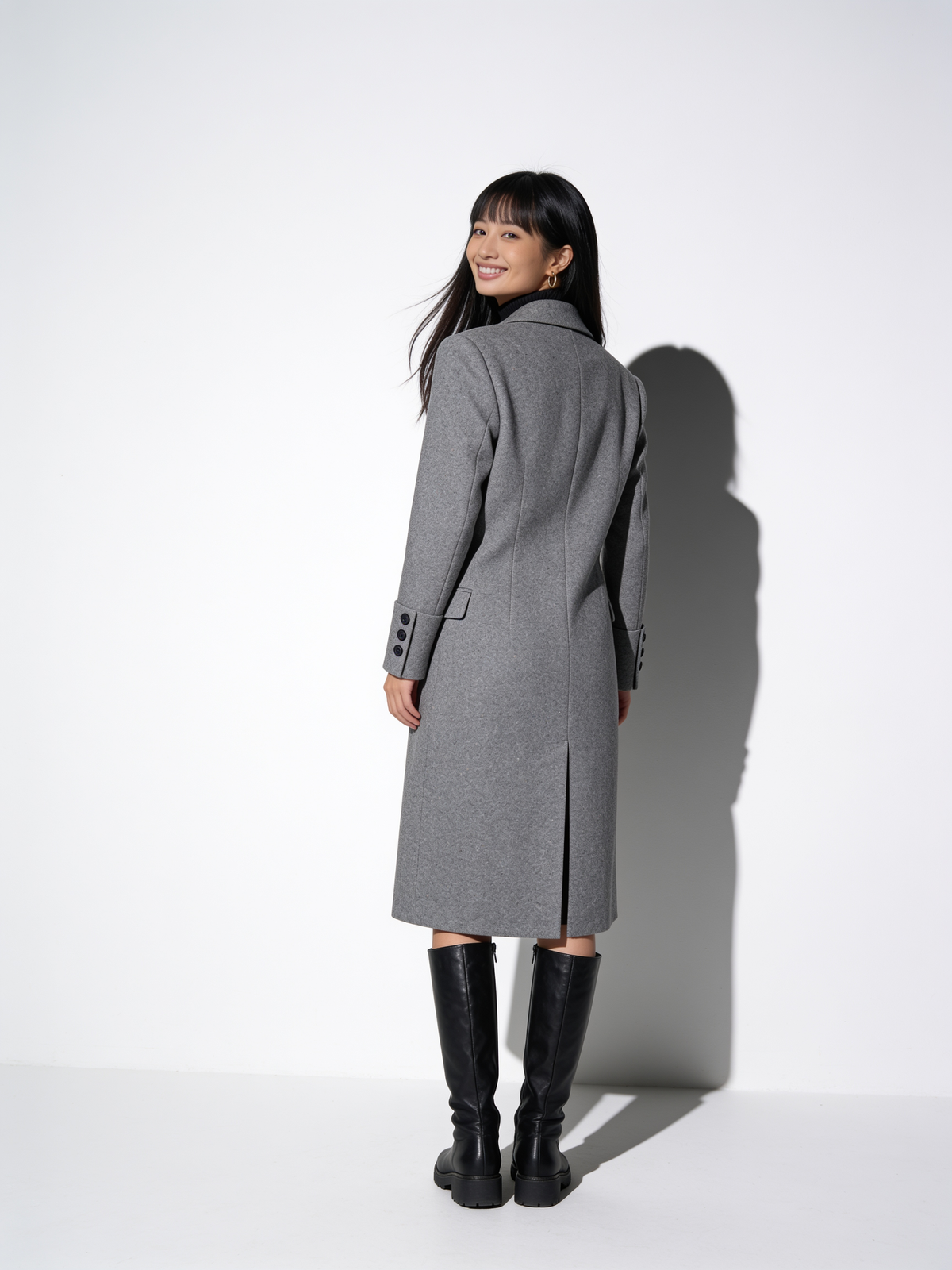 VelouraAvenue Lapel Collar Long Sleeve Coat - Gray - Back