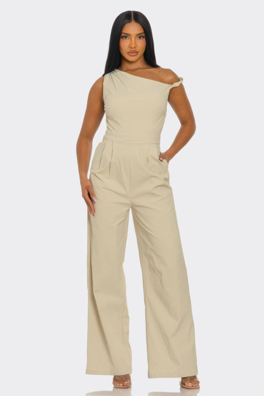 VelouraAvenue Khaki One-Shoulder Jumpsuit - Image 1