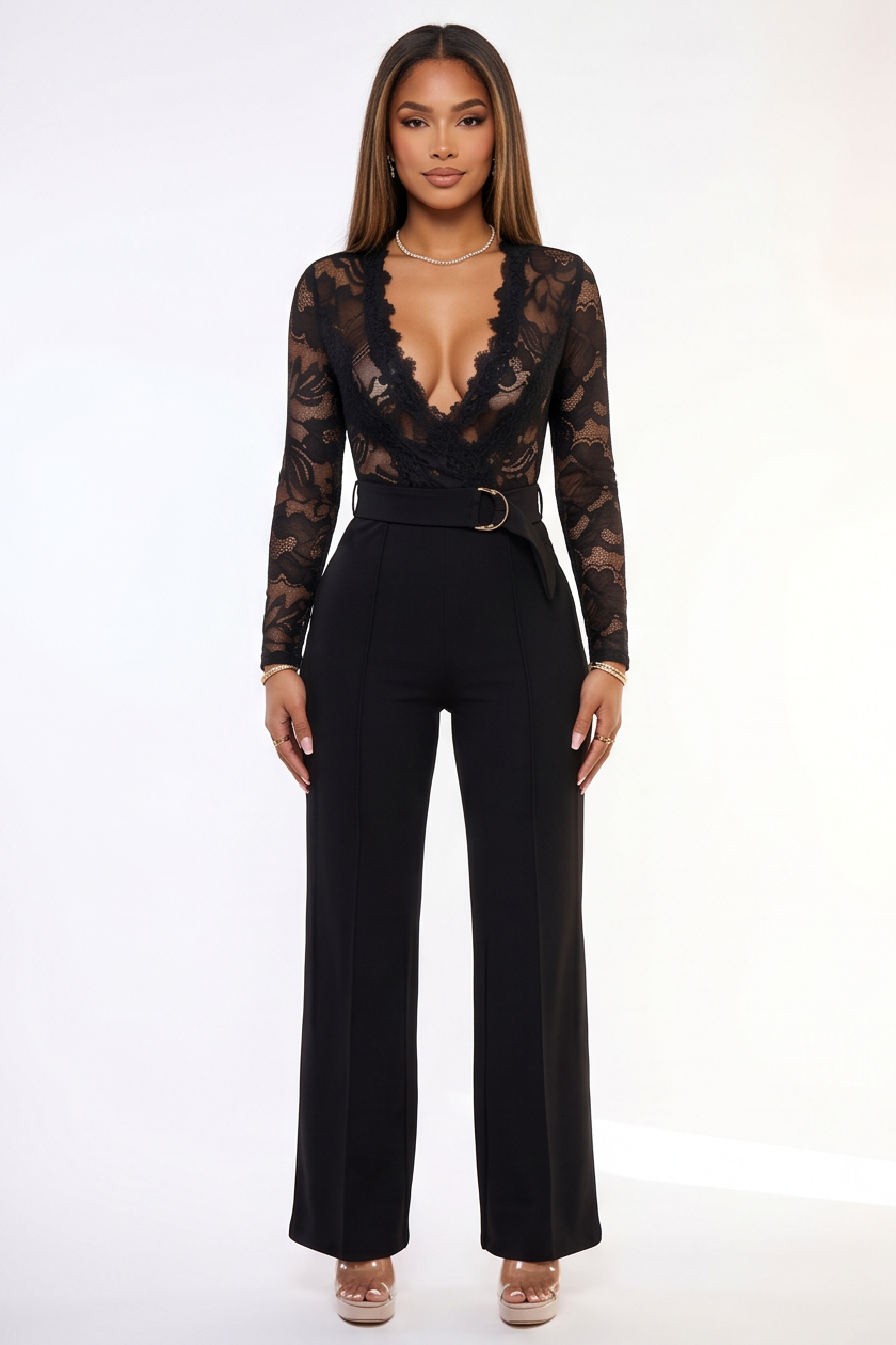 VelouraAvenue Lace Plunge Belted Jumpsuit - Black - Image 4