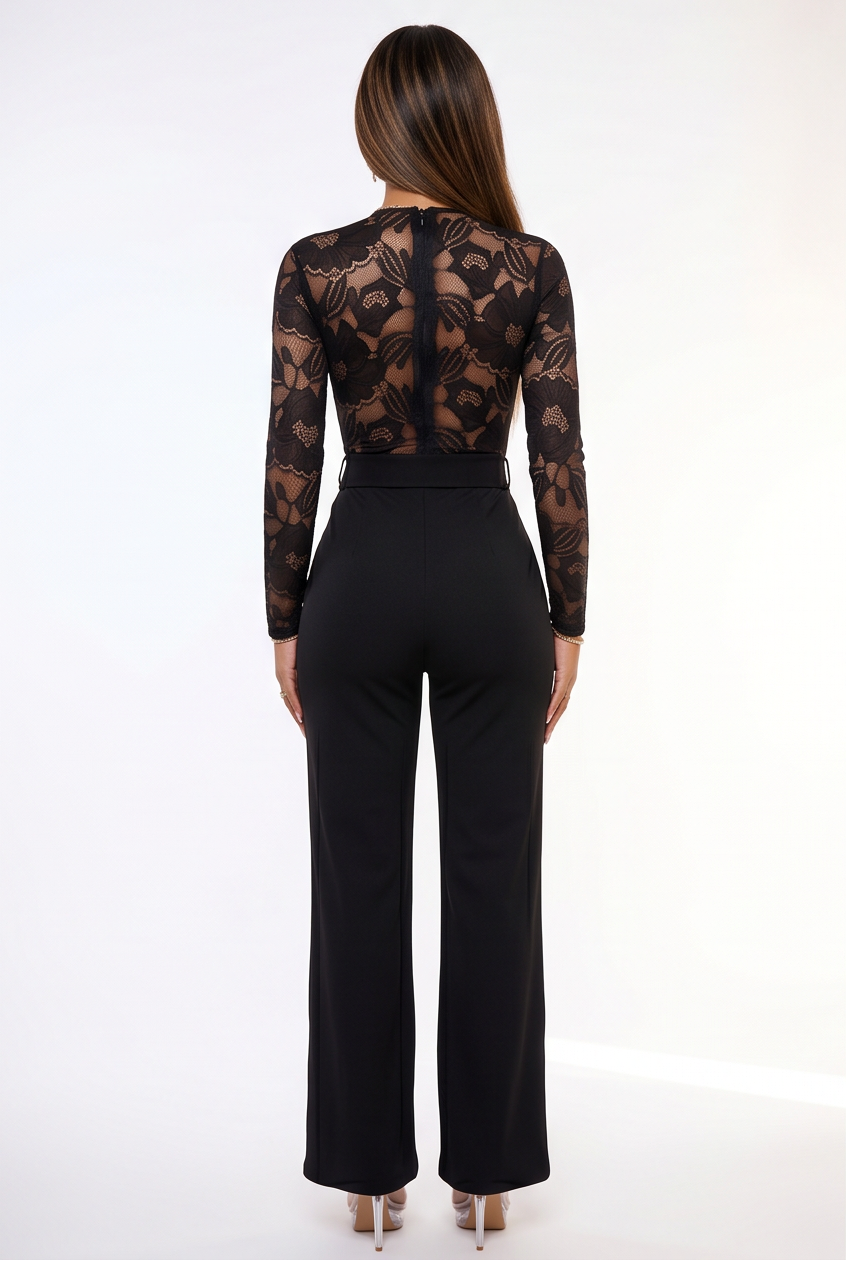 VelouraAvenue Lace Plunge Belted Jumpsuit - Black - Image 6