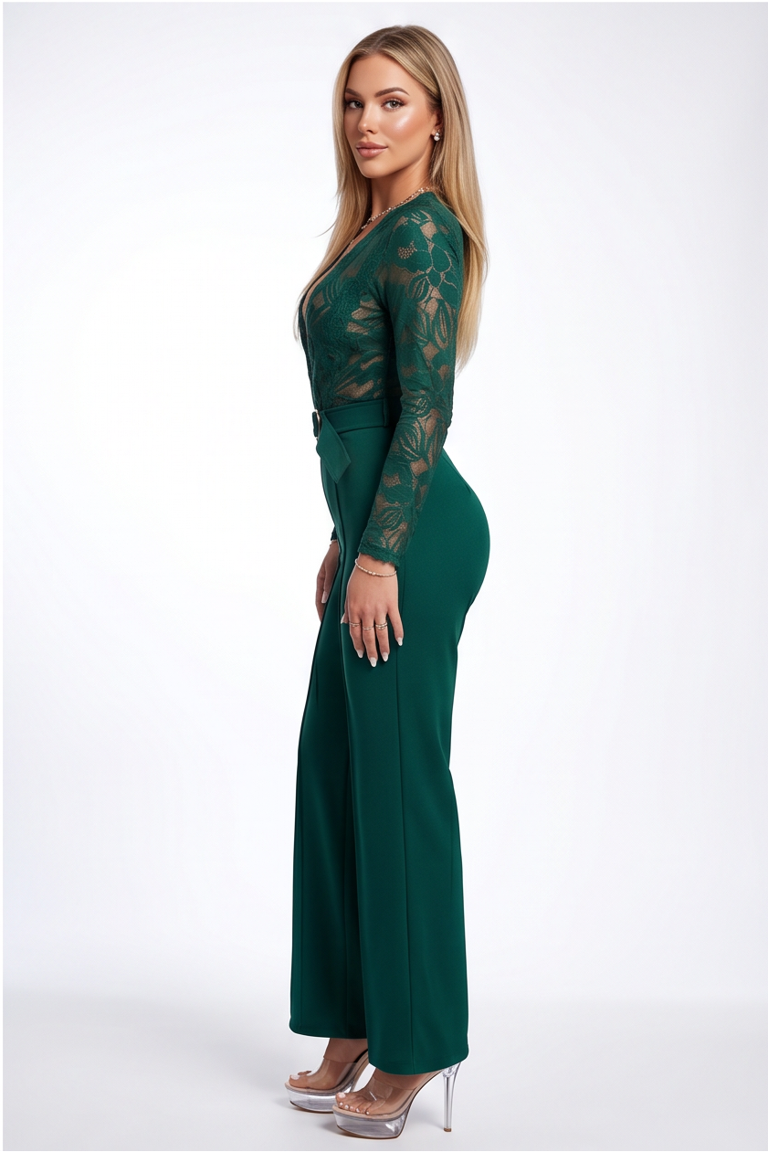 VelouraAvenue Lace Plunge Belted Jumpsuit - Hunter green - Image 3