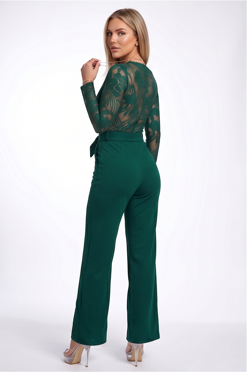 VelouraAvenue Lace Plunge Belted Jumpsuit - Hunter green - Image 4