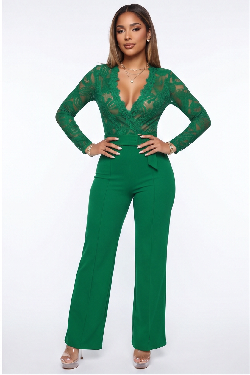 VelouraAvenue Lace Plunge Belted Jumpsuit - Kelly green - Image 2