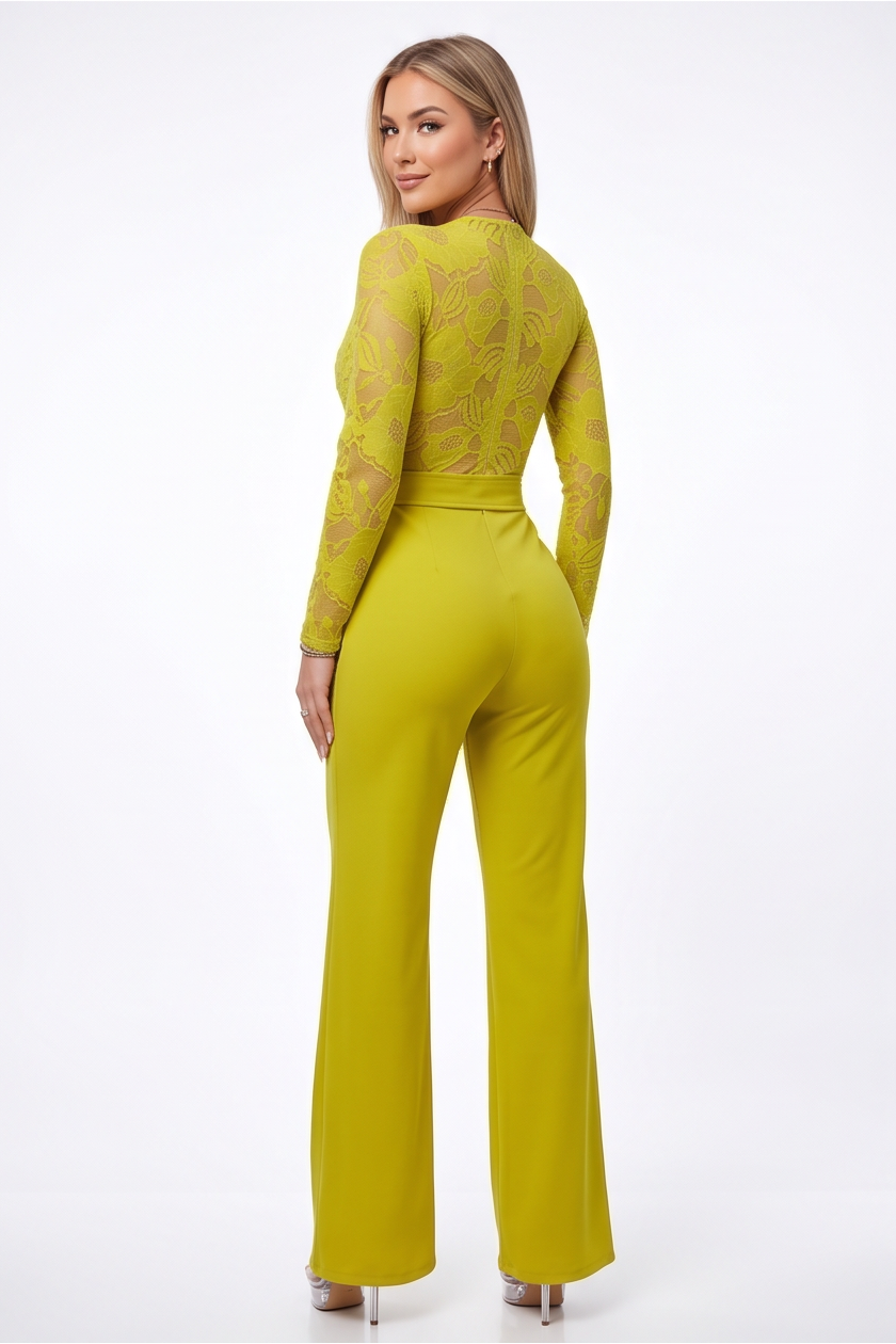 VelouraAvenue Lace Plunge Belted Jumpsuit - Lime - Image 2