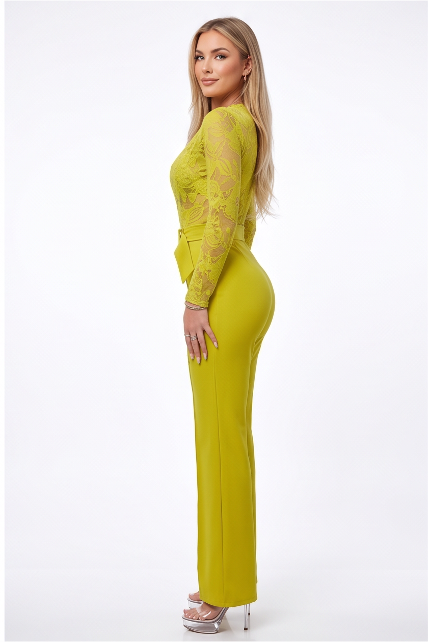VelouraAvenue Lace Plunge Belted Jumpsuit - Lime - Image 3