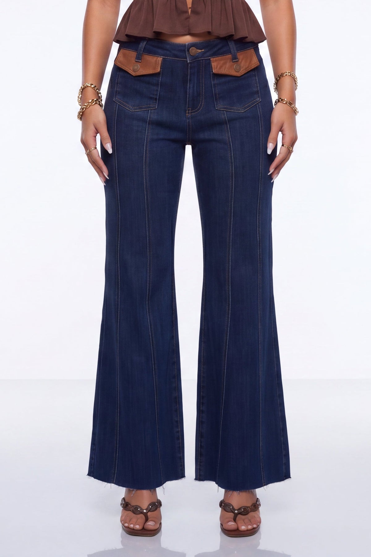 VelouraAvenue Leather Trim Flare Jeans - DARK - Image 3