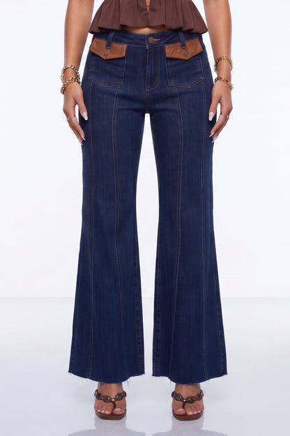 VelouraAvenue Leather Trim Flare Jeans - DARK - Image 3
