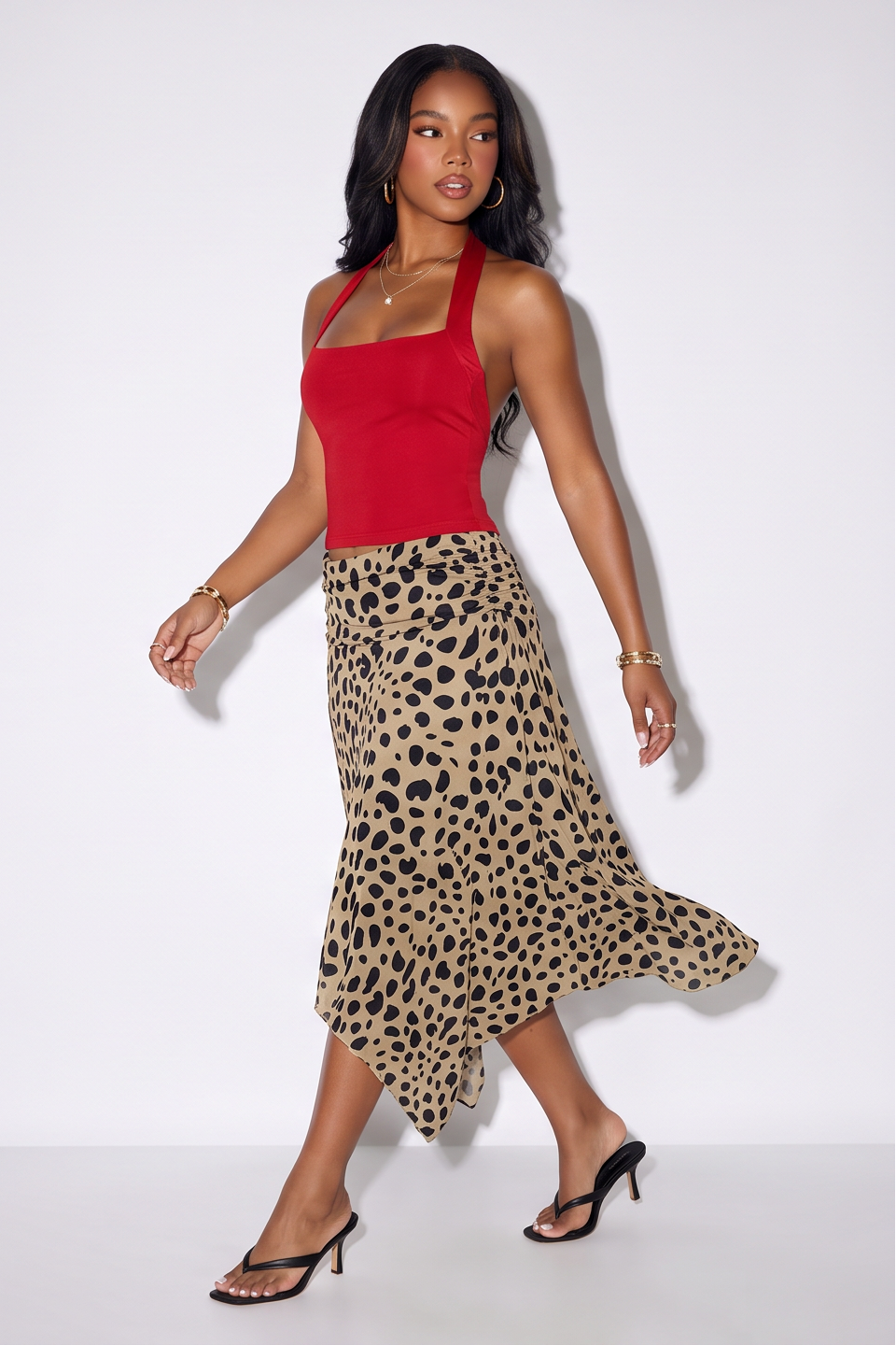 VelouraAvenue Leopard Asymmetric Midi Skirt - Khaki - Image 6