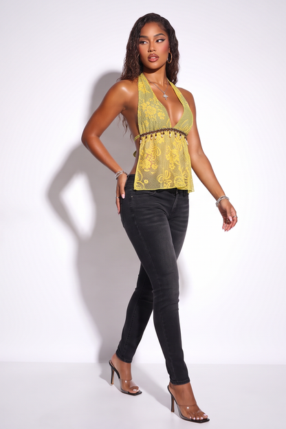 VelouraAvenue Open Back Lace Halter - Mustard Yellow - Image 2