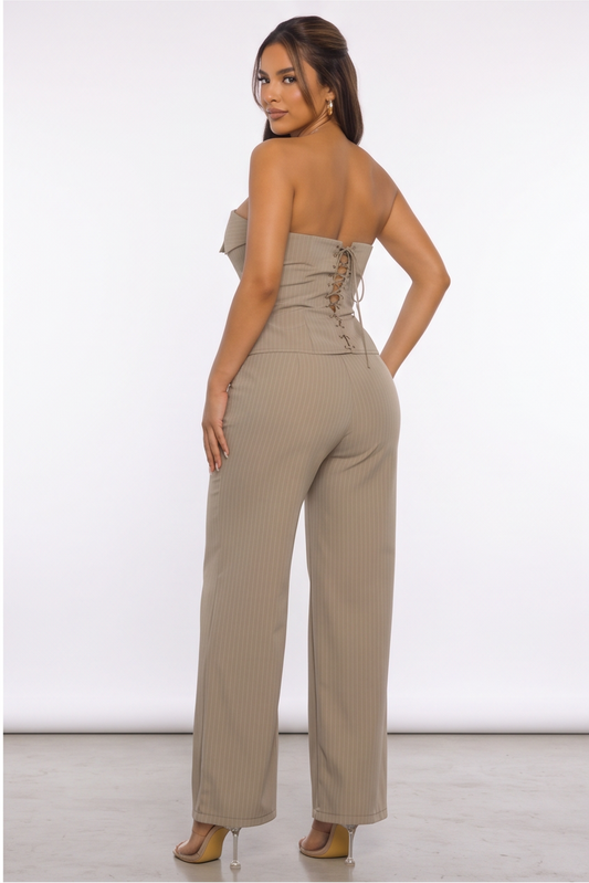 VelouraAvenue Pinstripe Corset Pant Set - Mocha - Image 1