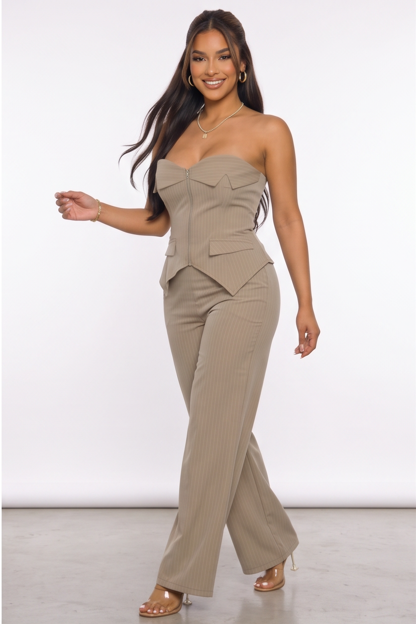 VelouraAvenue Pinstripe Corset Pant Set - Mocha - Image 2