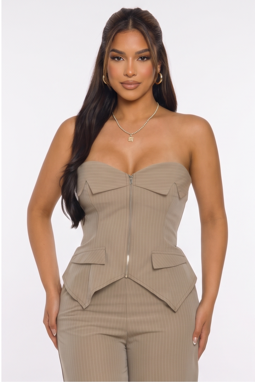 VelouraAvenue Pinstripe Corset Pant Set - Mocha - Image 4