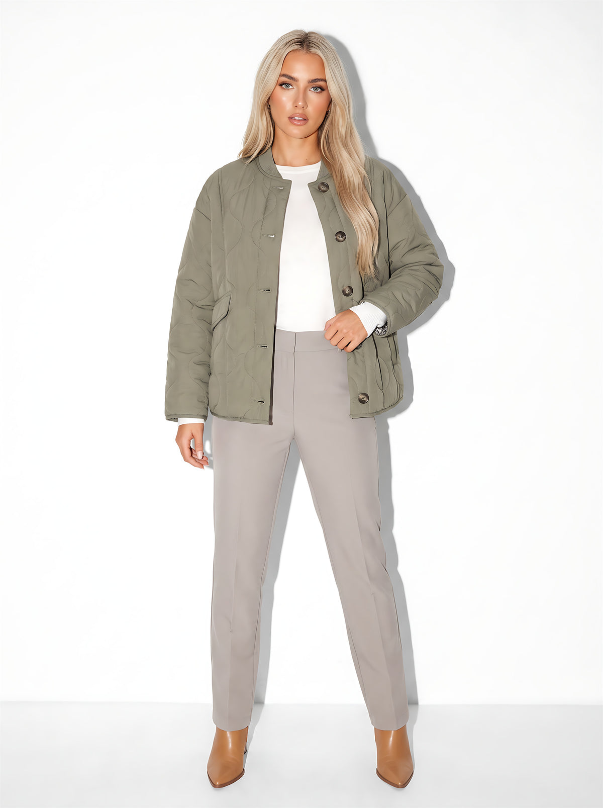 VelouraAvenue Quilted Button-Down Jacket - Moss - Front