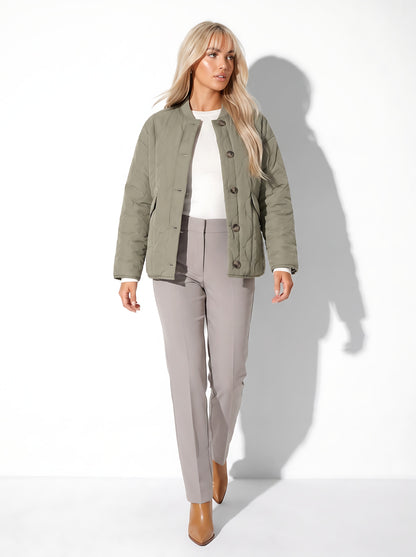 VelouraAvenue Quilted Button-Down Jacket - Moss - Front Walking
