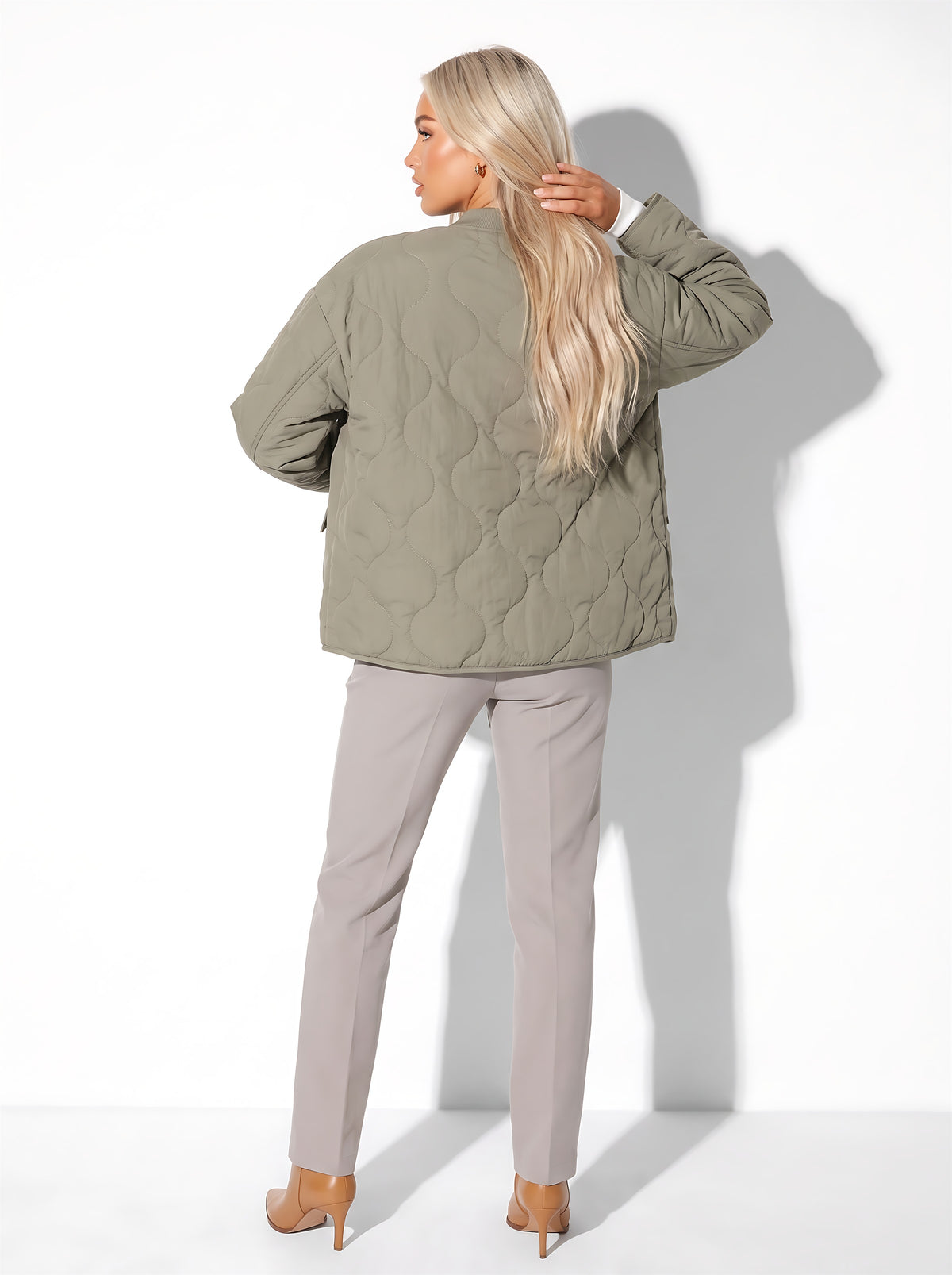 VelouraAvenue Quilted Button-Down Jacket - Moss - Back