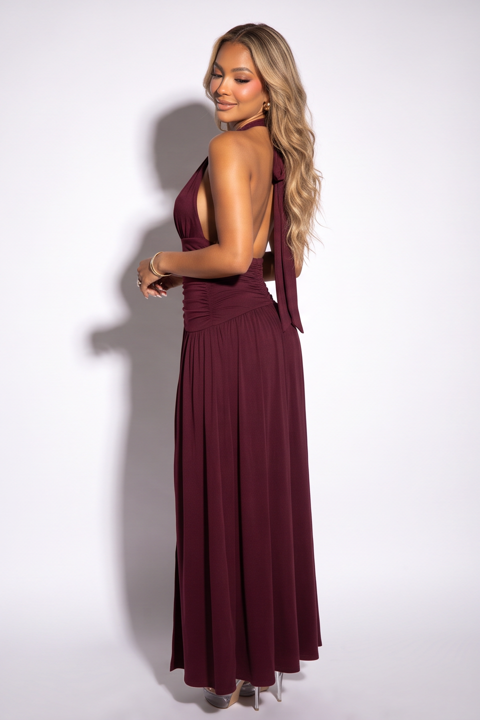 VelouraAvenue Ruched Halter Maxi Dress - Wine - Image 5
