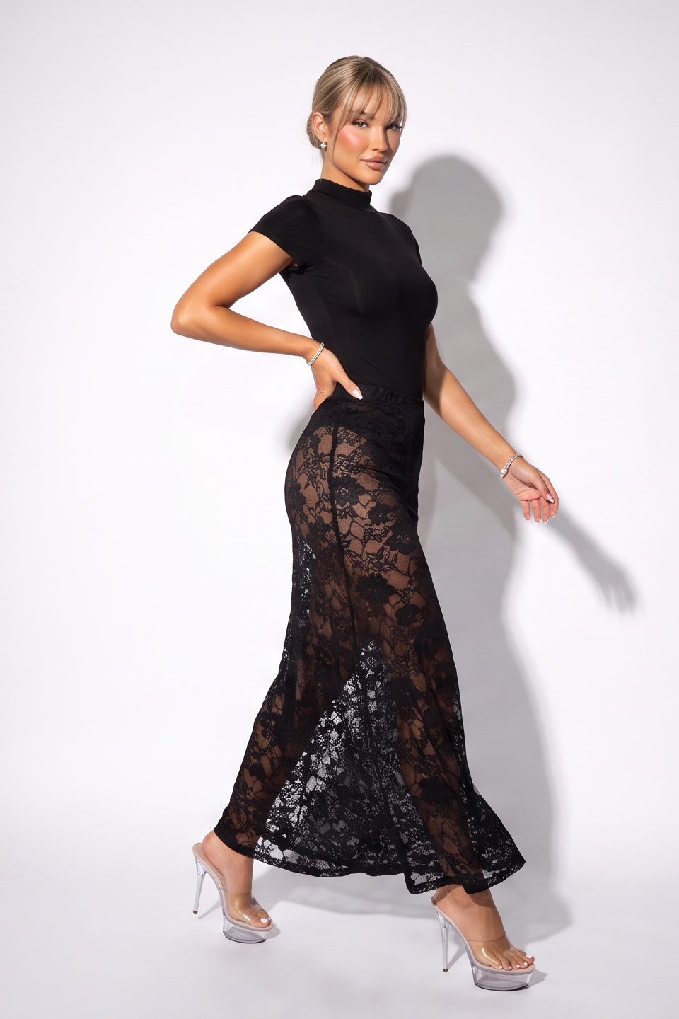 VelouraAvenue Sheer Lace Maxi Skirt - Black - Image 2