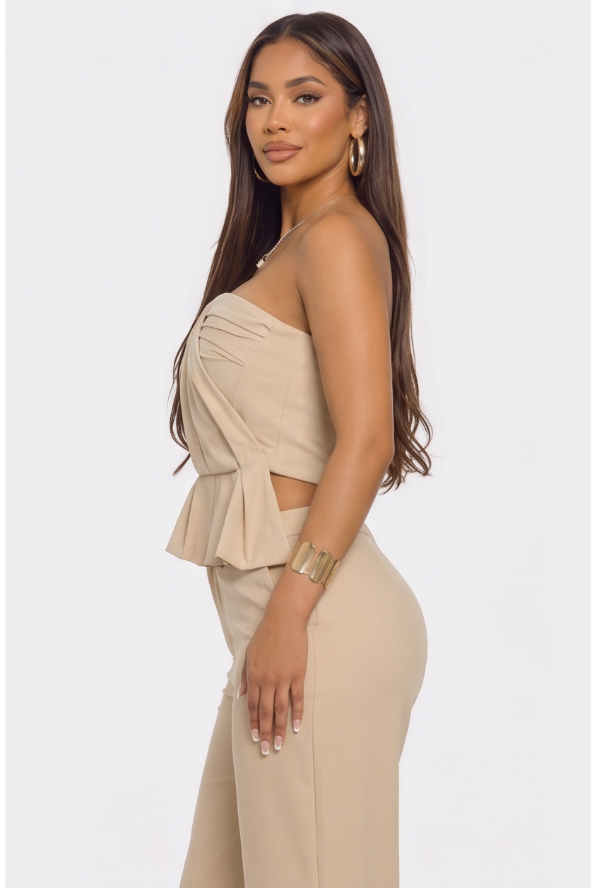VelouraAvenue Strapless Peplum Pant Set - Taupe - Image 2