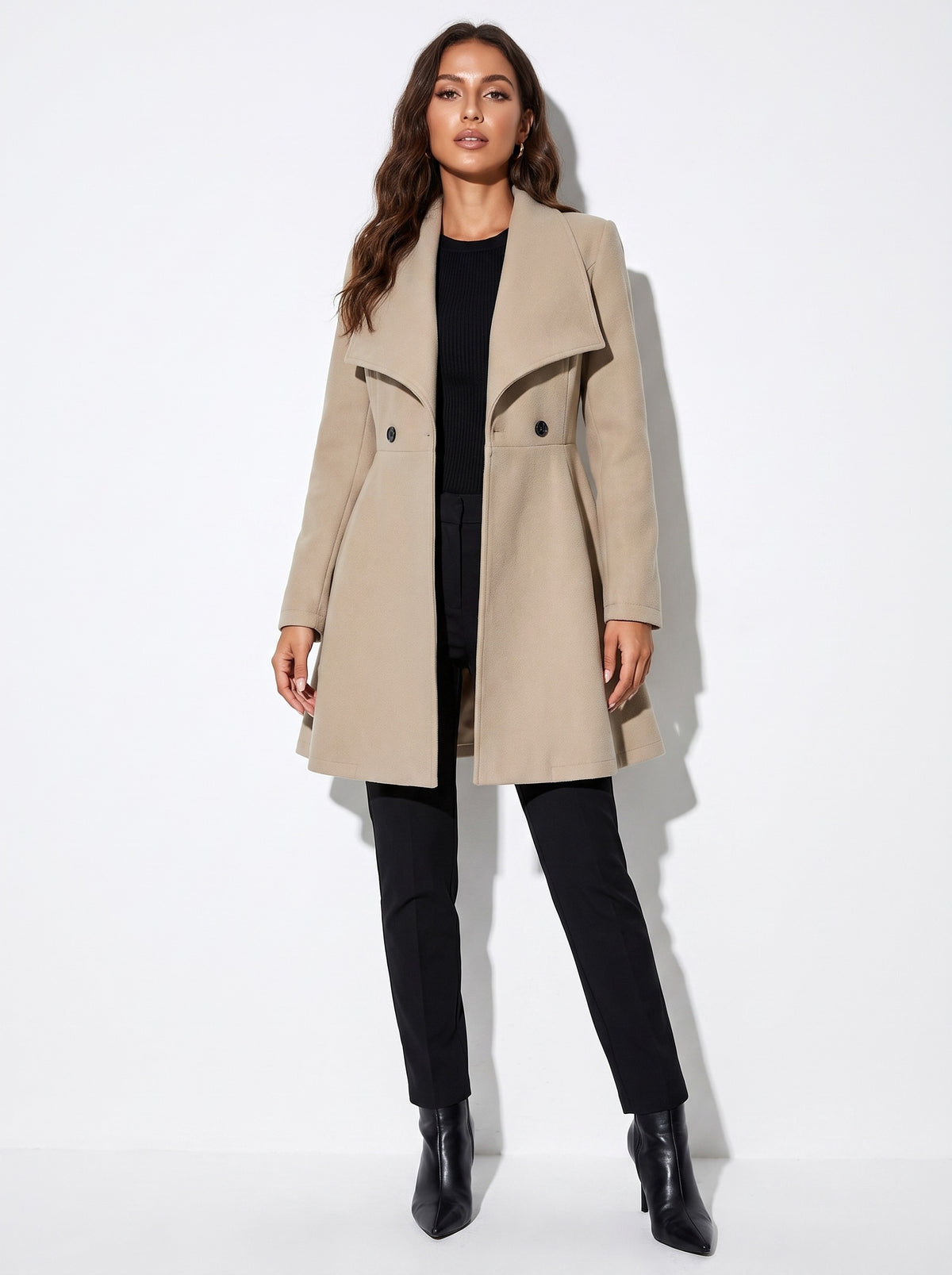 VelouraAvenue Wide Lapel Longline Coat - Khaki - Front
