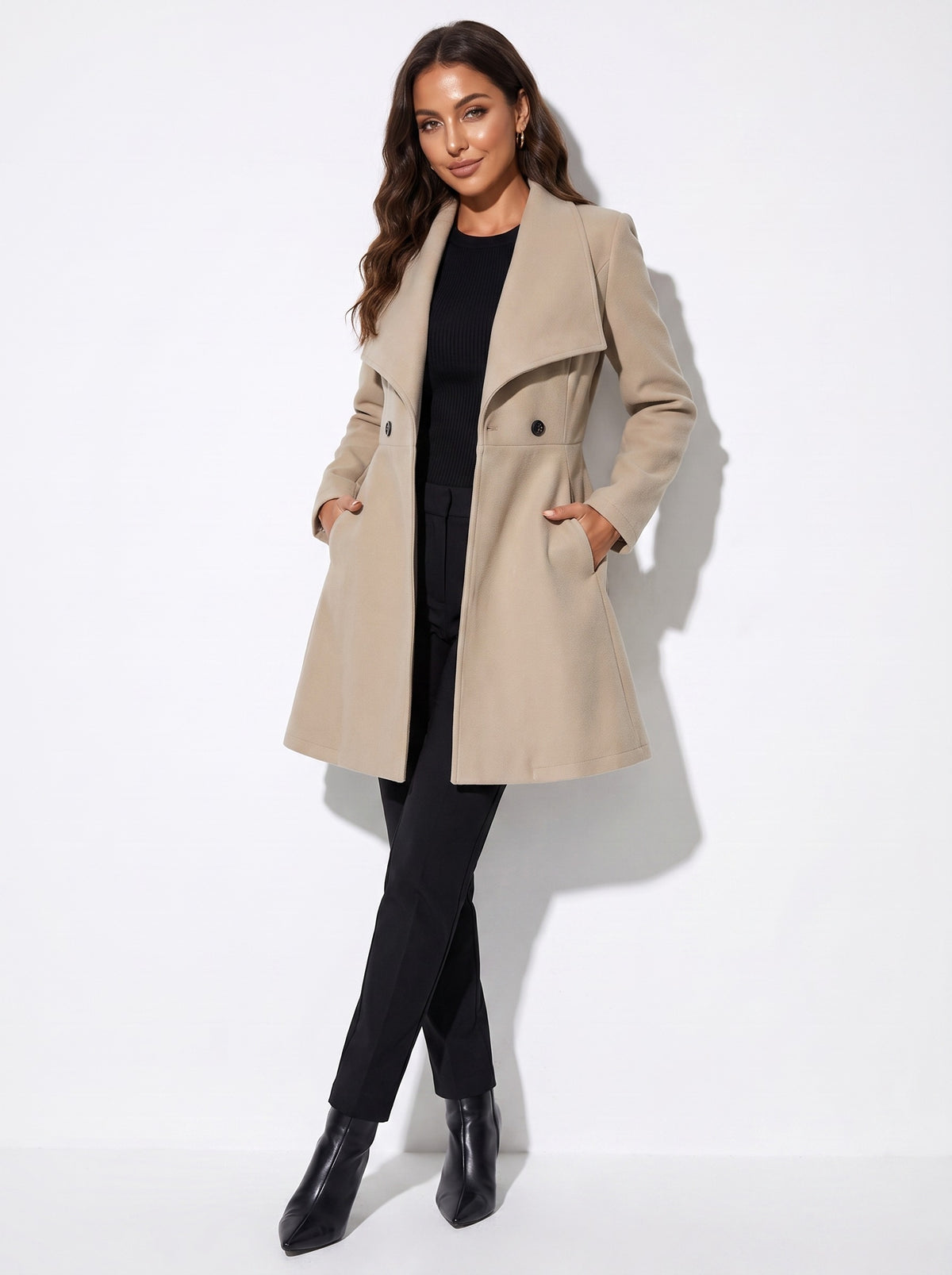 VelouraAvenue Wide Lapel Longline Coat - Khaki - Front Detail