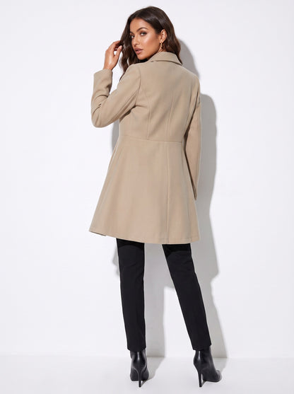 VelouraAvenue Wide Lapel Longline Coat - Khaki - Back