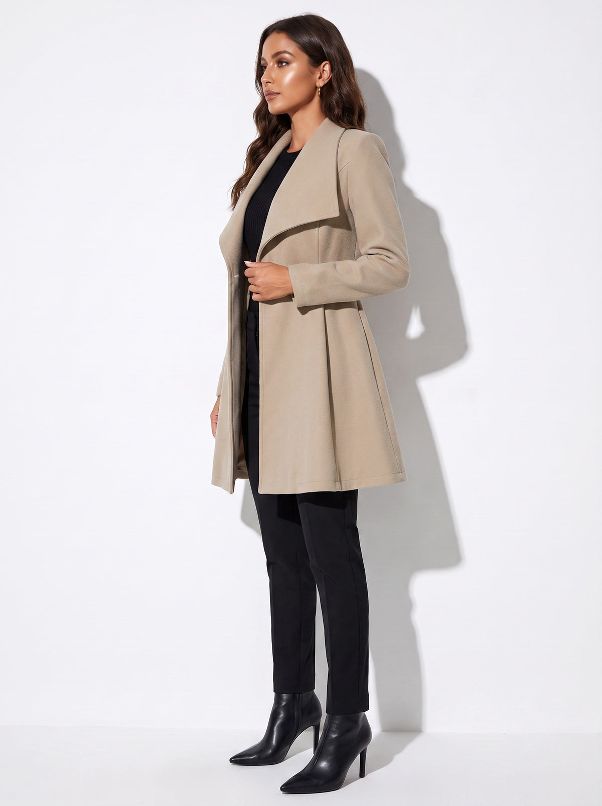 VelouraAvenue Wide Lapel Longline Coat - Khaki - Side