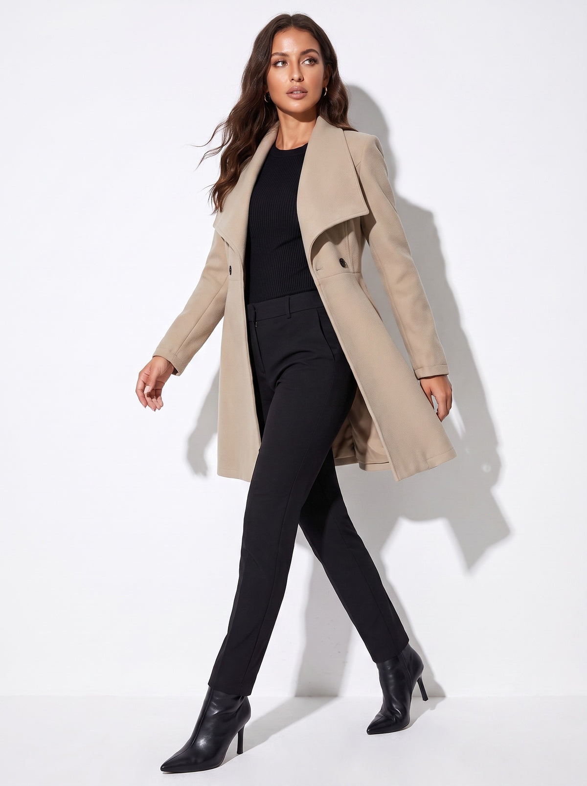 VelouraAvenue Wide Lapel Longline Coat - Khaki - Walking