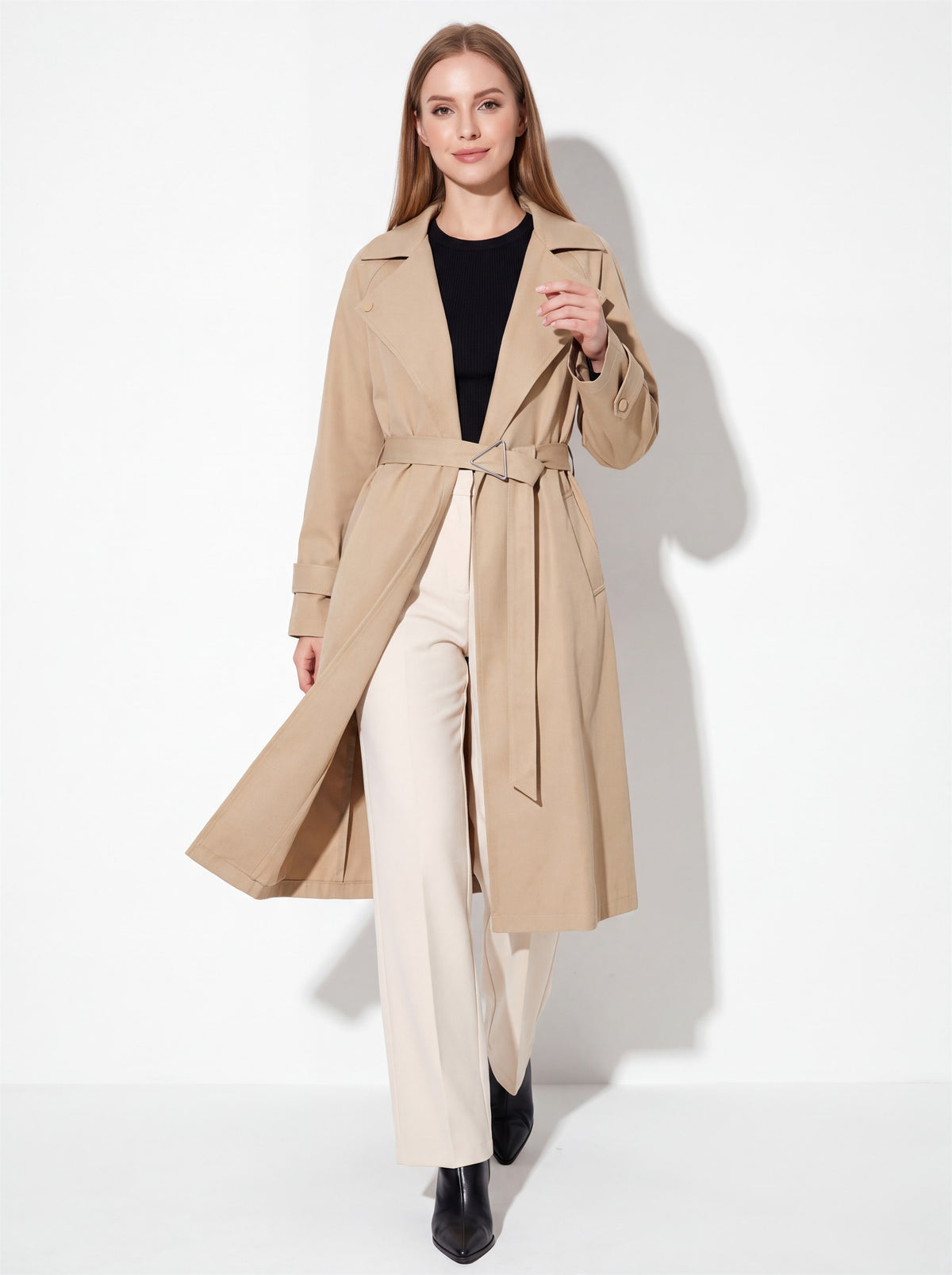 VelouraAvenue Wide Lapel Belted Trench Coat - Camel - Front