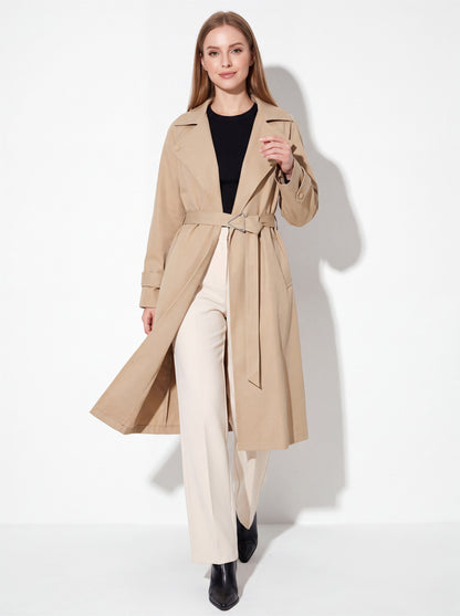VelouraAvenue Wide Lapel Belted Trench Coat - Camel - Front