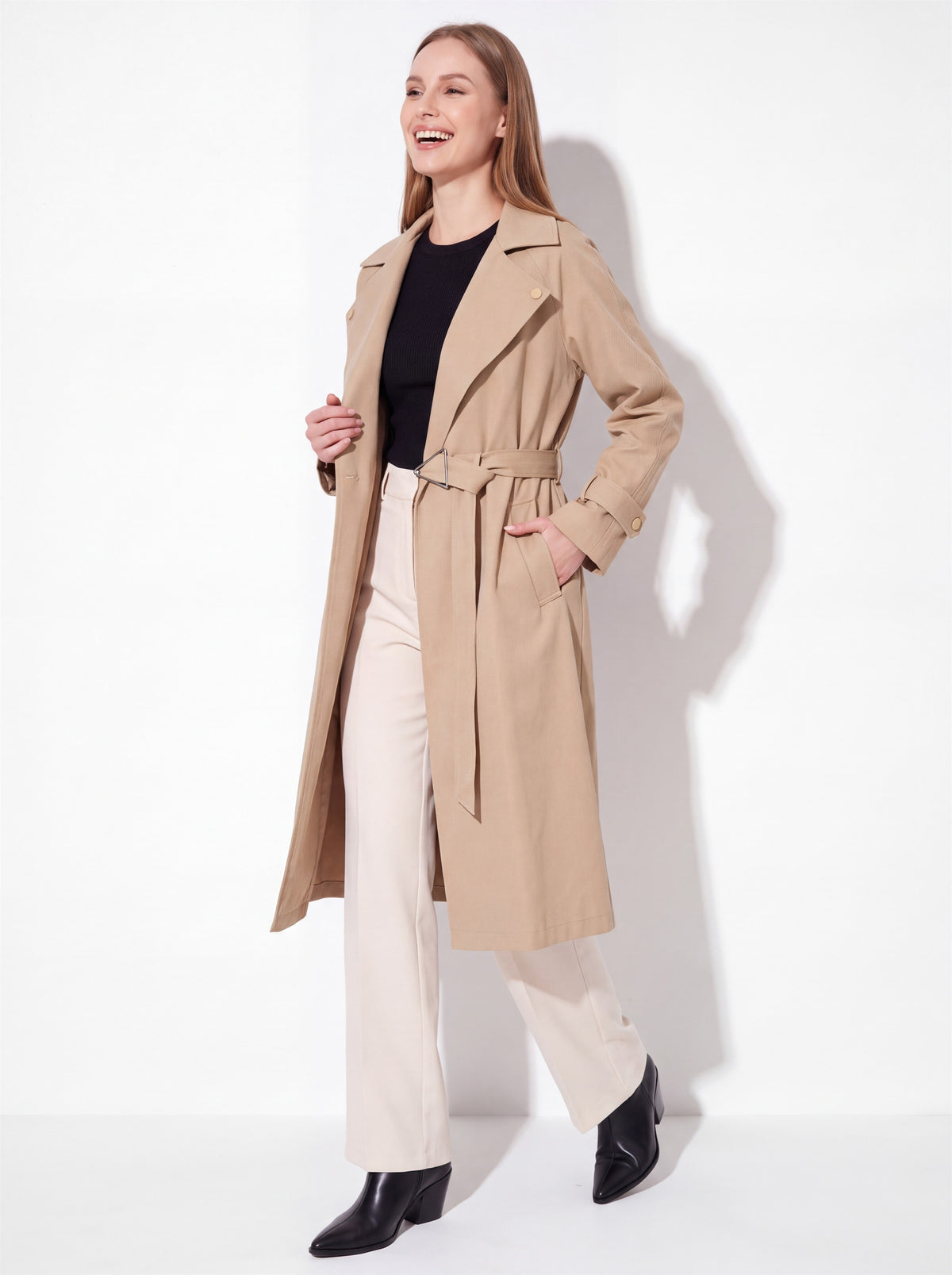 VelouraAvenue Wide Lapel Belted Trench Coat - Camel - Three Quarter