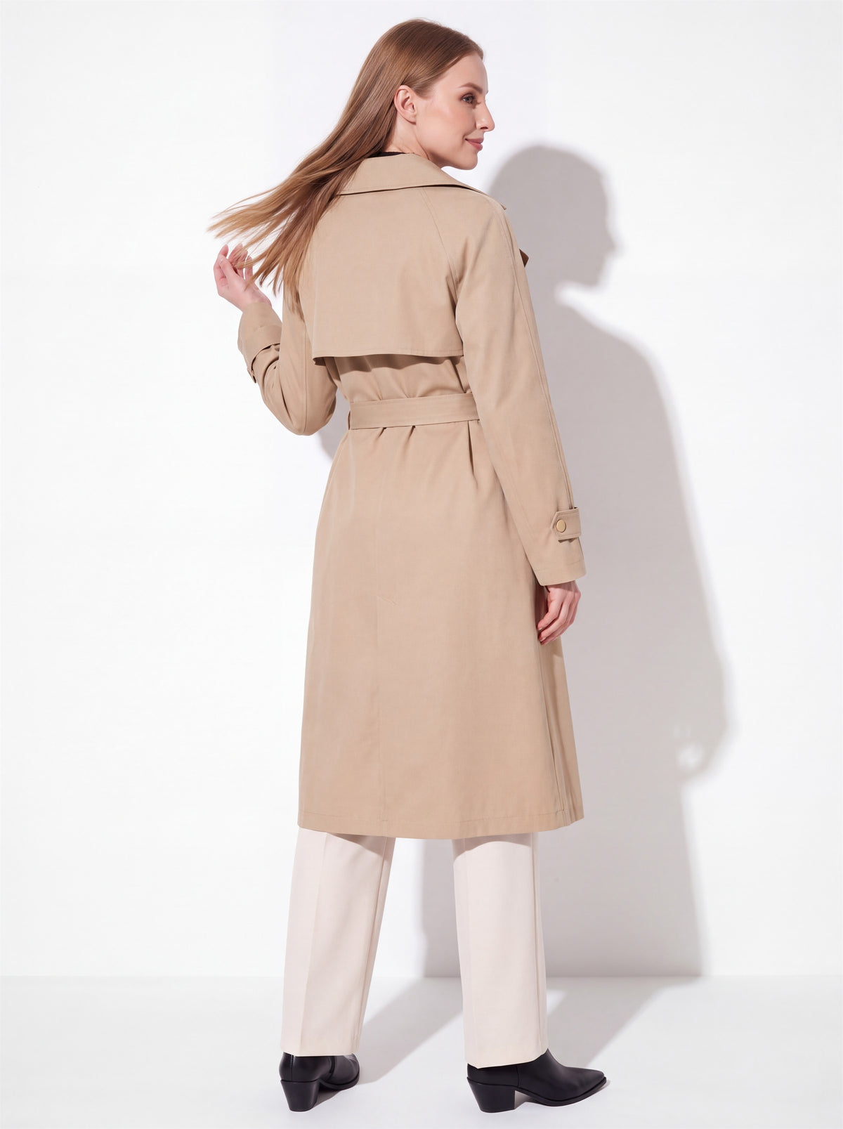 VelouraAvenue Wide Lapel Belted Trench Coat - Camel - Back